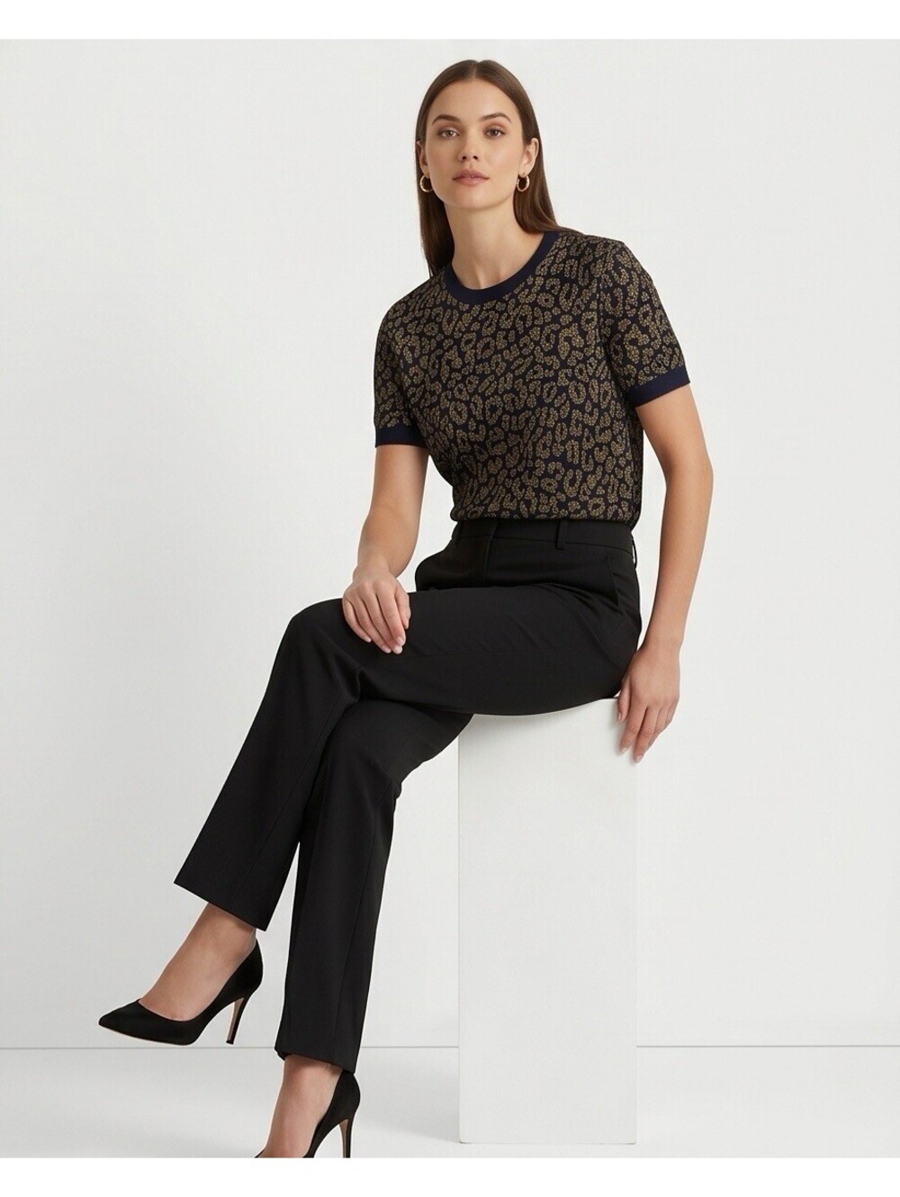 Lauren Ralph Lauren Navy and Gold Leopard Print Short-Sleeve Sweater